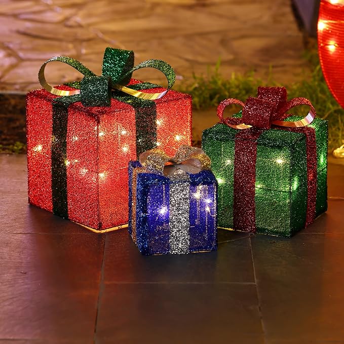 LuxenHome Set of 3 Lighted Gift Boxes, Plug-in Multi Color Boxes with Ribbon Bow for Xmas Holiday Display, Lawn, Porch, Under Tree Indoor, Outdoor Christmas Decoration.