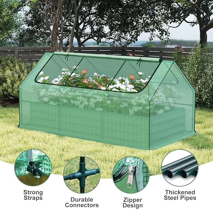 Aoodor 6ft. x 3ft. x 1ft. Raised Garden Metal Bed Mini Greenhouse Kit with 2 Roll-up Zipper Doors, for Vegetables Herbs and Flowers