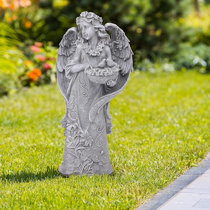 Hanna Roberts Outdoor Statues Angel Décor Garden Statue- 23.5" H Angel Statue,Resin Angel with Bird Figurine, Ideal for Yard, Patio, Deck, Home Entryway, and Hallway（Grey）