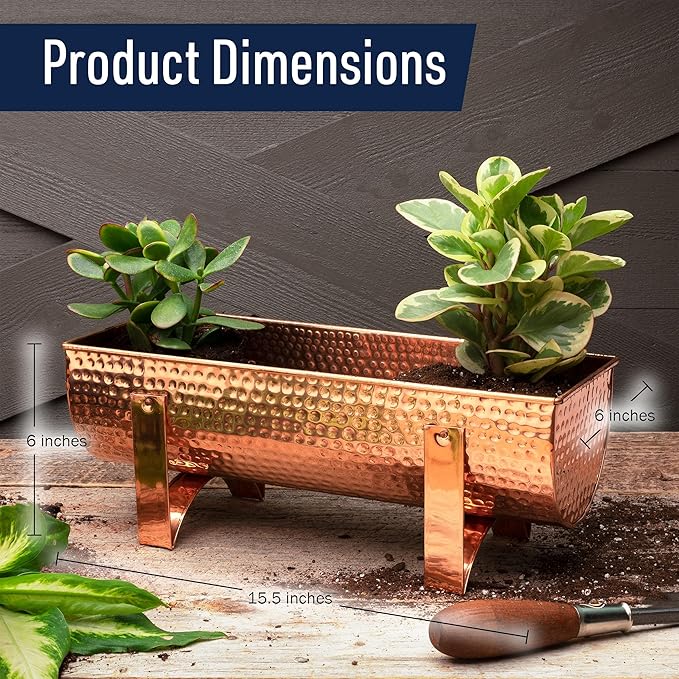 Kings County Tools Copper Window Planter Box for Indoor and Outdoor Use - 15.5” Rectangle Flower Pots Outdoor Planters with Water-Resistant Solid Copper - Beautiful Pots for Plants