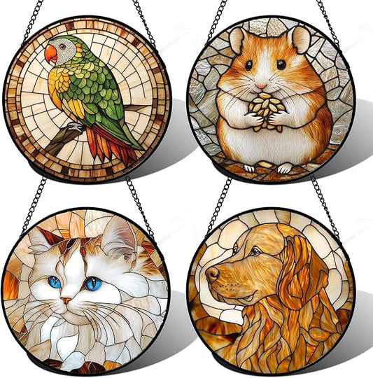 Stained Glass Window Hanging 4 Pcs Set Cute Cat and Dog Large 11.8" - Animal Suncatcher Door Garden Sun Catcher Decor Birthday Mother's Day for Mom Woman Nana Girl Boy Friend