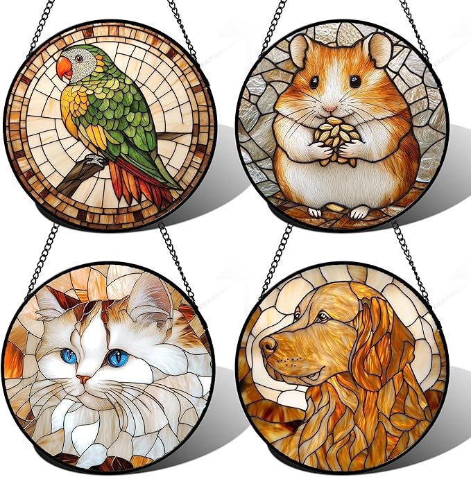 Stained Glass Window Hanging 4 Pcs Set Cute Cat and Dog 6.3" - Animal Suncatcher Door Garden Sun Catcher Decor Birthday Mother's Day for Mom Woman Nana Girl Boy Friend