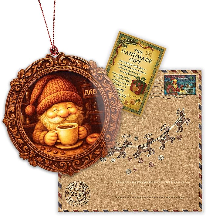 Coffee Ornament – Gnome Decor – Barista Gift – Coffee Lover Christmas Ornament – Holiday Card – Suncatcher Effect Stained Glass Window Hanging – Car Hanging