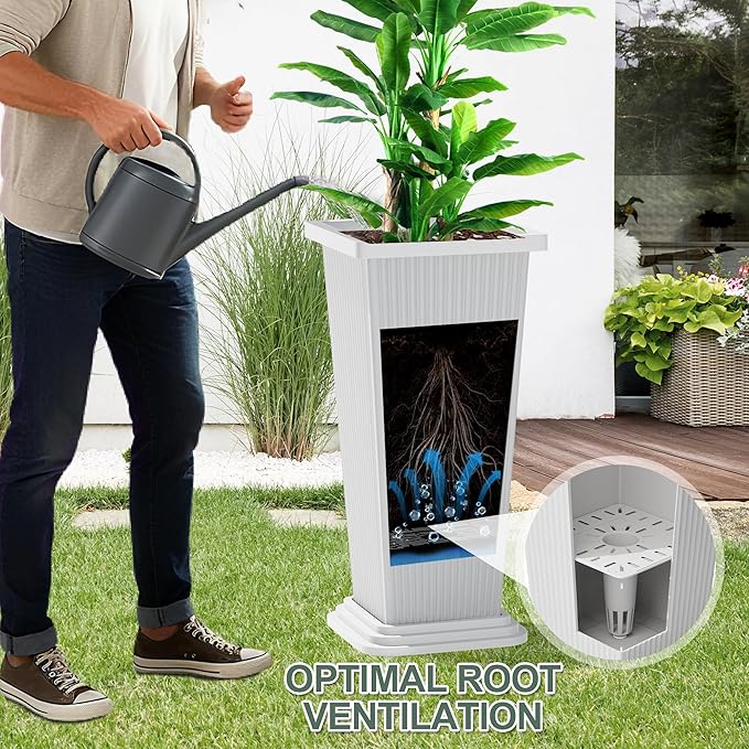 Tall Planters Set of 2, Large Indoor Outdoor Flower Pots with Tray Modern Tapered Planter for Patio, Garden, Porch, Backyard (White Ribbed 24")