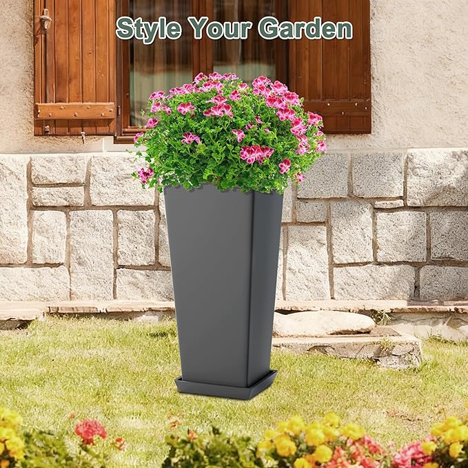 Set of 2 Tall Planters with Drainage Tray, 24 Inch Large Flower Pots for Indoor Outdoor Plants Mordern Planter Weather-Resistant for Patio, Front Door Decor, Garden (Gray)