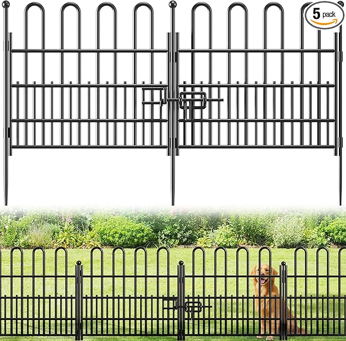 5 Panels Garden Fence with Latch Gate, 24.01in (H) X 10.04ft(L) Animal Barrier Fence with 1in Gaps for Rabits, Dog Fencing Outdoor for Yard, Flower Beds, Patios, Vegetable Patches
