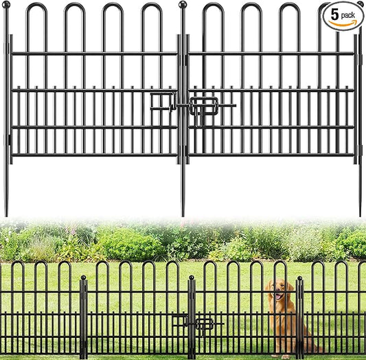 5 Panels Garden Fence with Latch Gate, 24.01in (H) X 10.04ft(L) Animal Barrier Fence with 1in Gaps for Rabits, Dog Fencing Outdoor for Yard, Flower Beds, Patios, Vegetable Patches