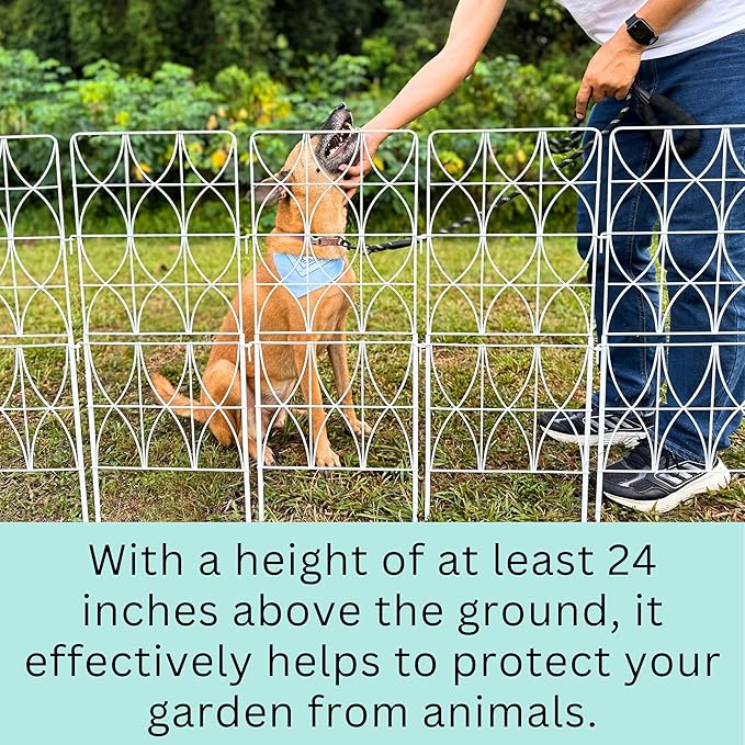 ShopLaLa Decorative Garden Fence (10 Panels) 12.5in(L) x 31in(H) Animal Barrier Fencing Rustproof White Metal Wire Flower Edging for Landscape, Tall Large No Dig Fences Back Yard Pet Porch Gate D-F30D