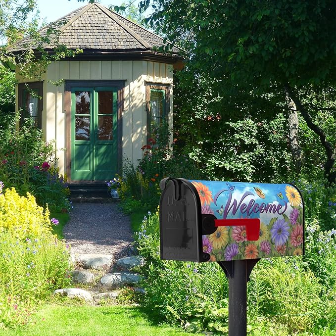 Summer Mailbox Covers Magnetic Oversized Flower Daisy Butterfly Mailbox Wraps Gerbera Welcome Fall Mailbox Post Cover Colorful Floral Mailbox Decor for Garden Yard Large Size 25.5 x 21 Inch