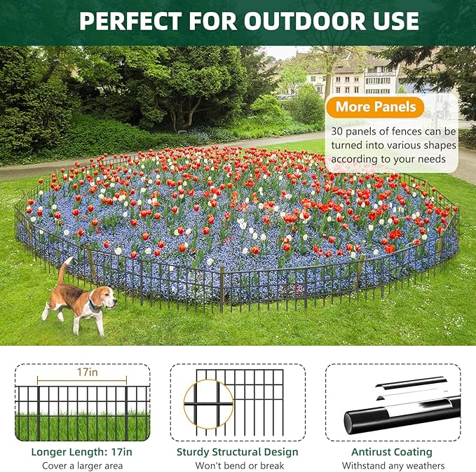 42.5ft(L) x 13in(H) Animal Barrier Fence, 30 Panels No Dig Garden Fence for Dog Rabbit, Rustproof Anti Digging Barrier, Garden Edging Border Ground Defense for Outdoor, Yard, Patio