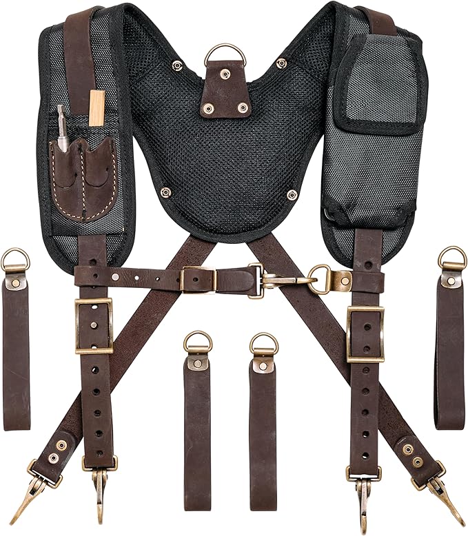 FESA Leather Tool Belt Suspenders for Men with Breathable Mesh Padding, Front Pockets & 4 Loops for Attachment to Work Belts