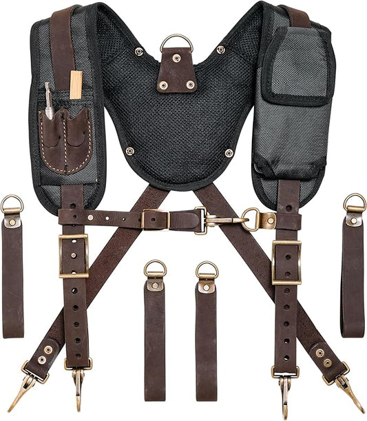 FESA Leather Tool Belt Suspenders for Men with Breathable Mesh Padding, Front Pockets & 4 Loops for Attachment to Work Belts