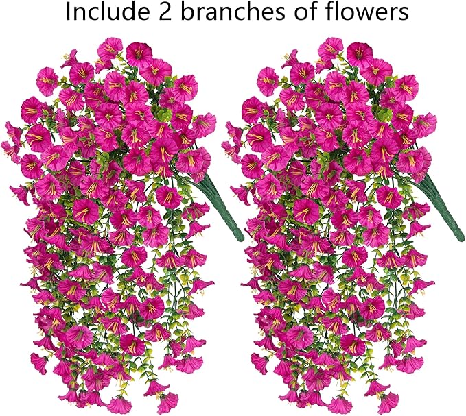 Artificial Faux Hanging Flowers Plant for Outdoor Decor,2 PCS Fake Silk Morning Glory with Eucalyptus UV Resistant Realistic Trailing Vine for Wall Home Porch Patio Balcony Yard Indoor Decor, Fuchsia