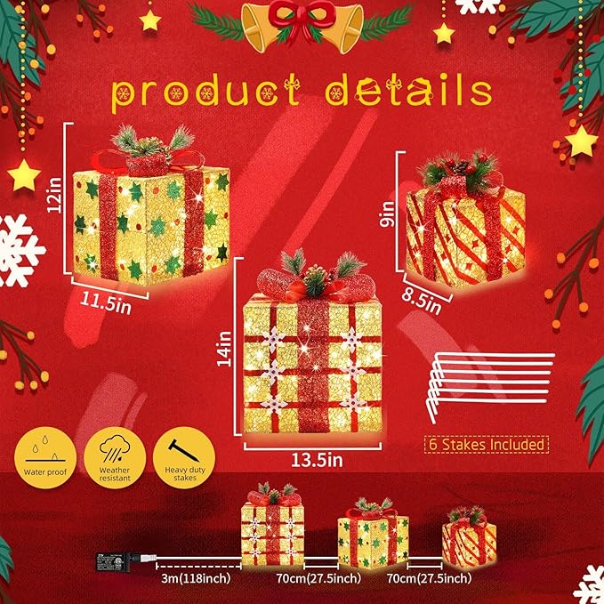 [Ultra-Large 15"x13"x10.5" Christmas Set of 3 Lighted Gift Boxes Decorations Pre-lit 91 Super-Bright LED with Flashers,for Indoor Outdoor Pathway Holiday Party Home(Warm White)