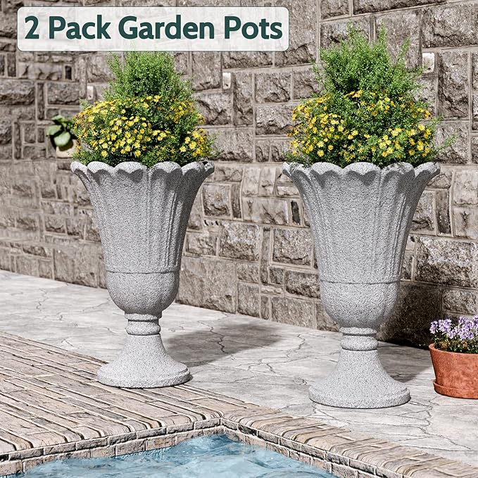 23.6" Tall Plastic Urn Planters for Outdoor Plants, Set of 2 Heavy-Duty Classic Indoor Large Flower Pots with Drainage Holes & Petal Design, Outdoor Planters for Porch, Home Garden, Grey