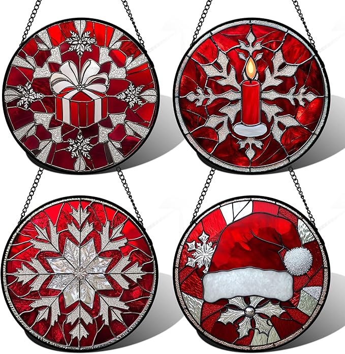 Stained Glass Window Hanging 4 Pcs Set Red Christmas Decorations Theme 7.8" - Suncatcher Door Garden Sun Catcher Decor Birthday for Mom Woman Nana Men Friend Wife
