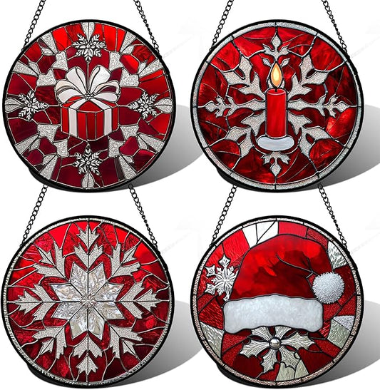 Stained Glass Window Hanging 4 Pcs Set Red Christmas Decorations Theme 7.8" - Suncatcher Door Garden Sun Catcher Decor Birthday for Mom Woman Nana Men Friend Wife