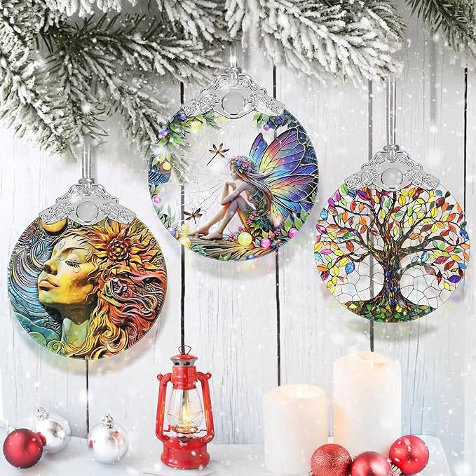 Fairy Ornament - Stained Glass Hanging Decor - Christmas Tree Decor - Gift for Friends & Sisters