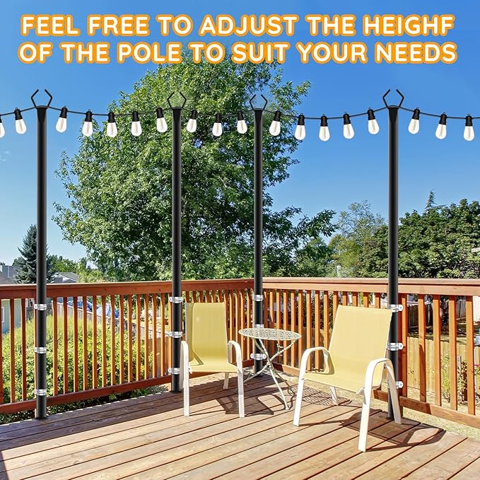 6 Pack String Light Poles, Outdoor String Light Pole 10 ft Forked Metal Light Pole with Adjustable Outdoor Light Stand, Deck, Backyard, Garden, Wedding, Rustproof and Sturdy with Hooks.