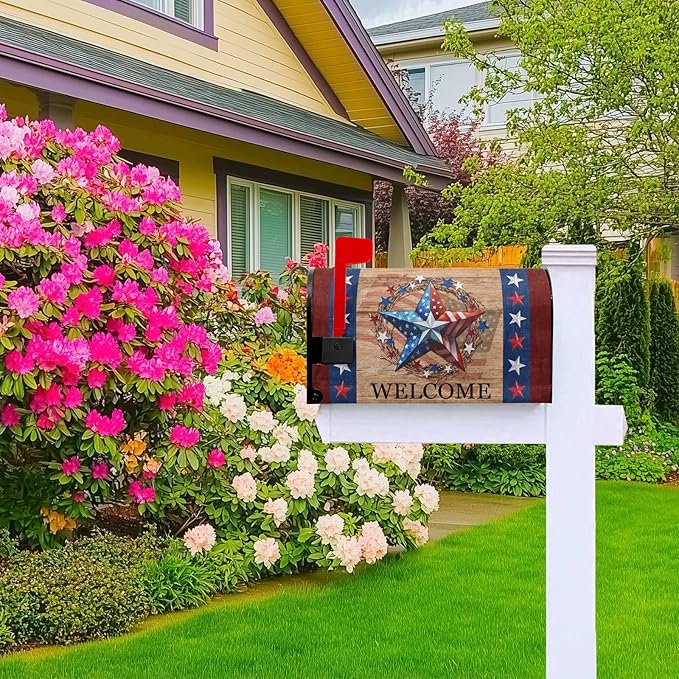 4th of July Mailbox Cover Patriotic Mailbox Covers Magnetic Welcome Post Letter Box Cover Star Mail Box Wrap Home Decor Outdoor Yard Decoration for Garden Standard Size 21x18 inch