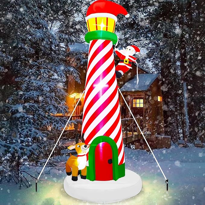 Lulu Home 10FT Christmas Inflatable Decoration, Giant Lighted Lighthouse Blowups with Santa and Reindeer, Air-Blown Ornaments with Storage Bags for Xmas Winter Yard Lawn Garden Outdoor Decor