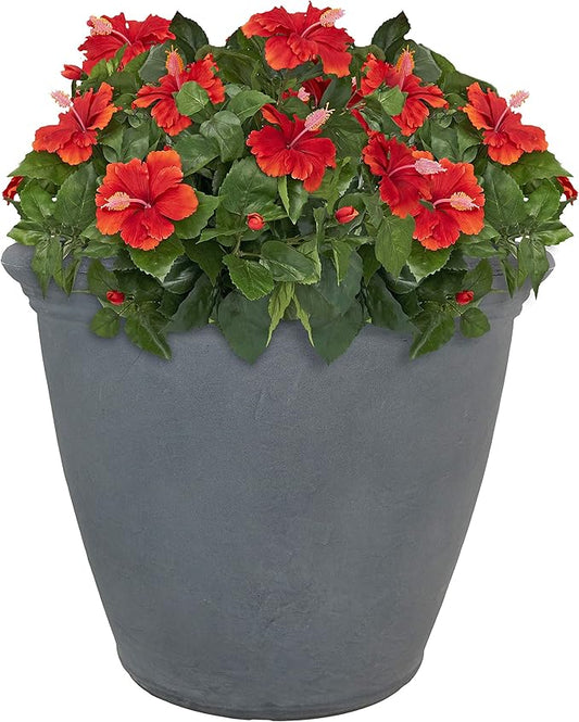 Sunnydaze 20-Inch Anjelica Large Plastic Pot for Plants - Double-Walled Outdoor Polyresin Round Planter Porch Pot with Drillable Drainage Holes - Slate