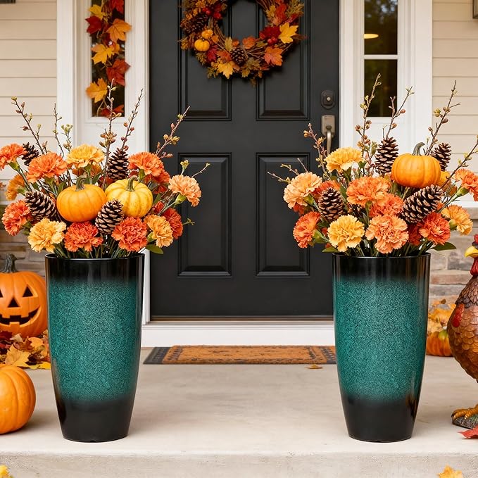 23.8" Tall Pots for Plants Ceramic Style Large Plant Pot Outdoor Set of 2 Indoor Flower Pots for Front Porch Decor Durable Plastic Planters for Garden, Patio, Living Room, Turquoise