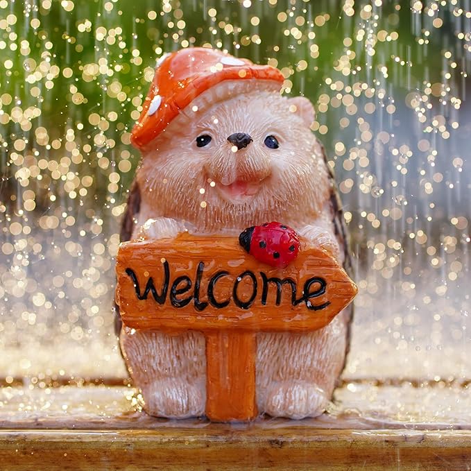 Garden Hedgehog Welcome Sign Statue with Mushroom Hat, Solar LED Ladybug Light, Outdoor Decorative Figurine 4.6in, Housewarming Gift for Patio,Yard,Lawn Ornament