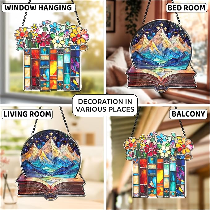 2 Book Floral Shelf Suncatchers Window Hanging Acrylic Ornaments Back to School Teacher Appreciation Gifts, Book Lover Gifts for Women Librarians Readers Bookshelf Decor for Home Library SS345