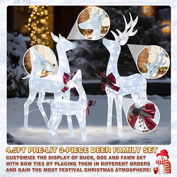 MUPATER Outdoor Christmas Decoration Lighted Deer Family Set Indoor, Christmas Holiday Yard Decor 3-Piece Moose Set for Lawn and Party with Lights, Ground Stakes and Zip Ties, White