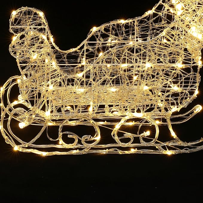 LuxenHome Lighted Reindeer Christmas Outdoor Yard Decorations, Prelit Reindeer and Sleigh Indoor & Outdoor Christmas Decor with 250 LED Lights, Xmas Decorations for Front Porch, Lawn, Garden Display
