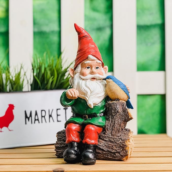 Topadorn Garden Gnome Statues with Bird Resin Sculpture Gnome Sitting on The Stump Outdoor Statues for Outdoor Garden Decor