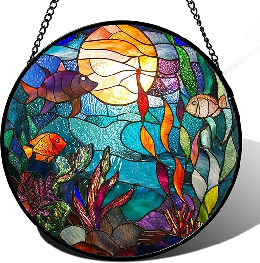 Stained Glass Window Hanging - Blue Ocean World Small Fish Coral Sun Catcher for Door Garden Home Decor Sea Suncatcher Christmas Mother's Day Birthday Gifts for Women Men Mom Nana 15 in