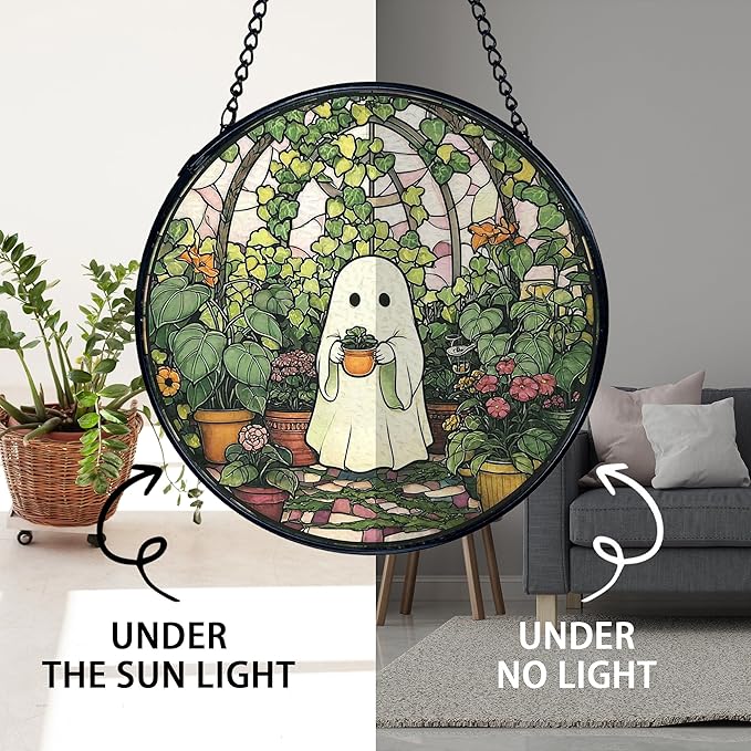 TNUW Halloween Ghost Stained Glass Window Hanging, Halloween Ghost Plant Sun Catchers Indoor Window Glass Round Wall Art Decor, Plant Lover Gifts for Women Wall Hanging Decorations, 7.9＂x7.9＂