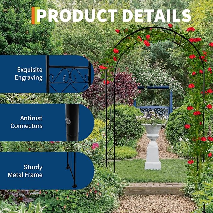 Metal Arch Backdrop Stand, Wedding Arch Frame for Wedding Decorations, Balloon Arch Stand with Stakes for Ceremony, Christmas, Outdoor Garden Arch Arbor Trellis for Climbing Plants, Black