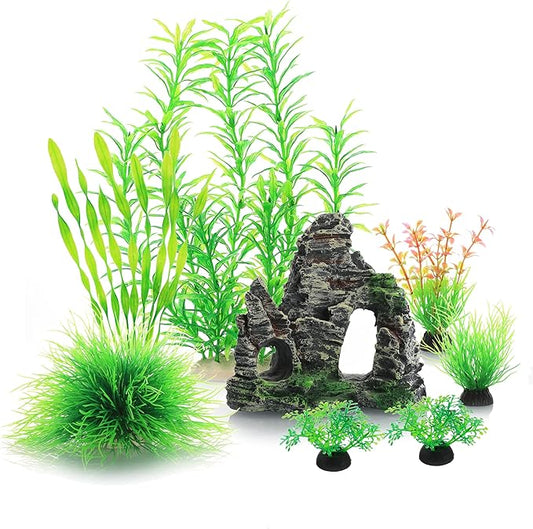 JIHAQUA Auarium Ornaments Fish Tank Decorations Plants with Resin Cave Rock View, 6pcs Decorations Plants Plastic,Fish Tank Accessories (Green)
