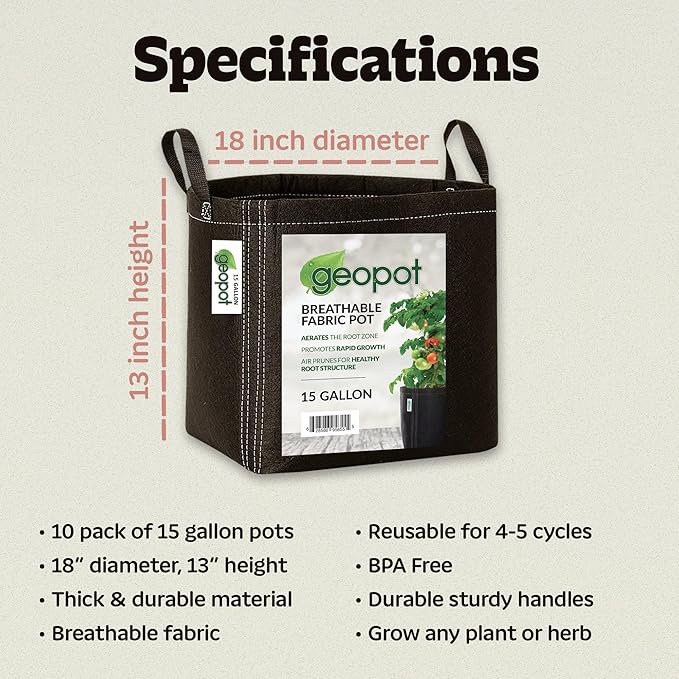 GeoPot 15 Gallon Fabric Grow Bags with Handles for Vegetables, Houseplants, Herbs & Flowers |5-Pack| Fabric Pots for Outdoors and Indoors, Aerated Fabric Grow Bags