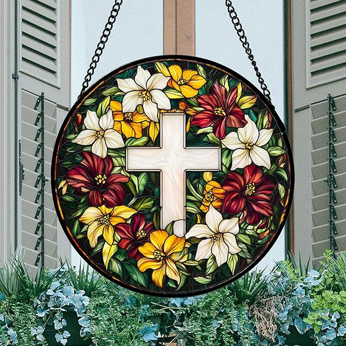Stained Glass Window Hanging, Cross Flowers Sun Catchers Colorful Glass Panel Christianity Suncatcher Decor for Birthday for Women, Men, Wife, Aunt, and Mom 14.9x14.9 in