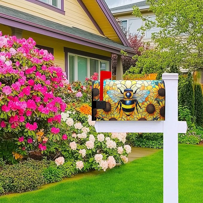 Summer Mailbox Covers Magnetic Standard Size 21x18 in Bee Mailbox Cover Sunflower Decorative Mailboxes for Outside Garden Yard Floral Flower Post Letter Box Cover Wrap