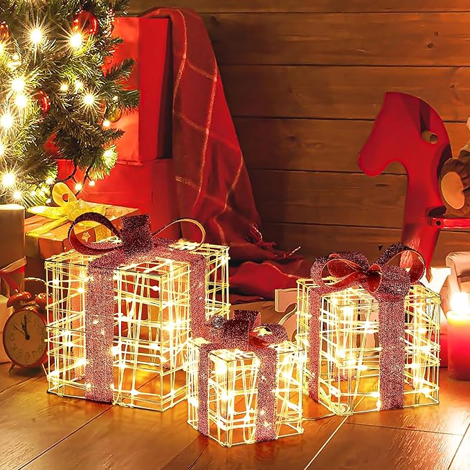 LuxenHome Set of 3 Lighted Gift Boxes, Plug-in Prelit Boxes with Red Ribbon Bows for Xmas Holiday Display, Lawn, Porch, Under Tree Indoor, Outdoor Christmas Decoration.