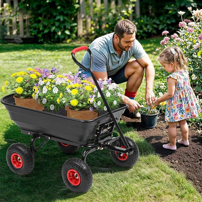 600lb Garden Dump Cart,4 Cu.Ft Utility Wagon Wheelbarrows with Quick-Release System&4 Pneumatic Tires,Heavy Duty Yard Dump Wagon with Steel Frame for Farm, Garden,Christmas Hauling(Black)