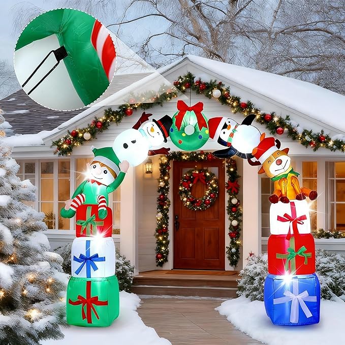 Leyndo 8FT Christmas Inflatable Arch Archway Outdoor Decoration with LED Lights Inflatable Elk Penguin Snowman Sitting on Gift Boxes Christmas Arch Blow up Yard Decor for Xmas Lawn Yard Garden Outside