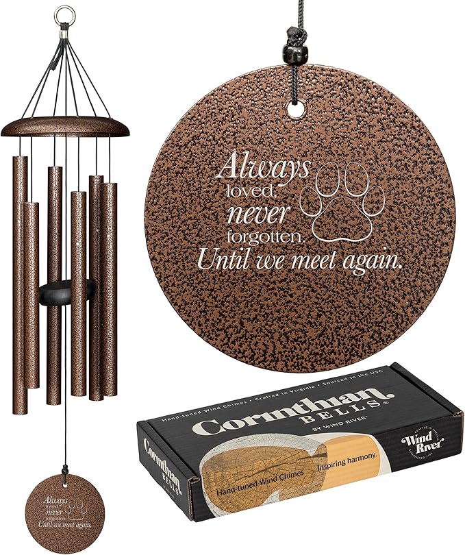 Corinthian Bells 27" Pet Memorial Wind Chime – Copper Vein – “Always Loved, Never Forgotten” with Engraved Pawprint – Soothing Sympathy Gift for Dog or Cat Loss & Remembrance