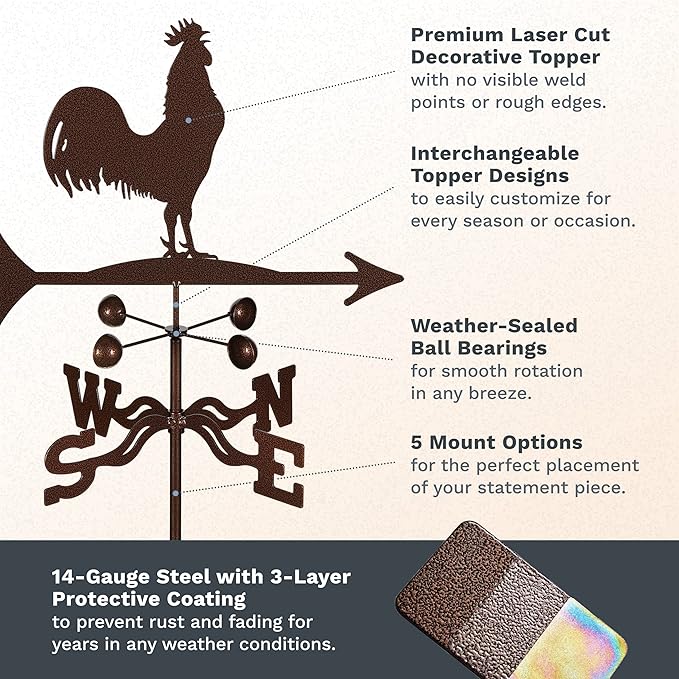 EZ Vane Steel Rooster Weathervane 21” Height, Includes Metal Roof Mount, Wind Cups & Brackets | Hand-Crafted and Family-Owned, Made in The USA with Triple Powder Coating, Limited