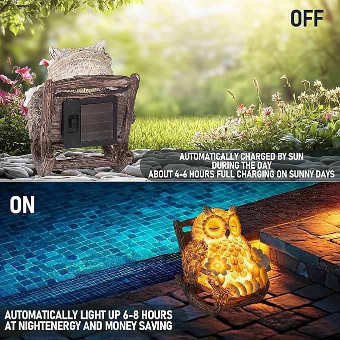 Light Up Owl on Chair Garden Sculpture, LED Solar Powered Owl Lying on The Chair, Cute Figurine Crafted Statue for Home Fireplace Outdoor Centerpiece Collection Decoration, 3x3x4 in