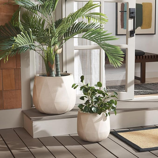 SAFAVIEH Outdoor Collection Kane Beige Cement Ficonstone Planter Pot Set of 2