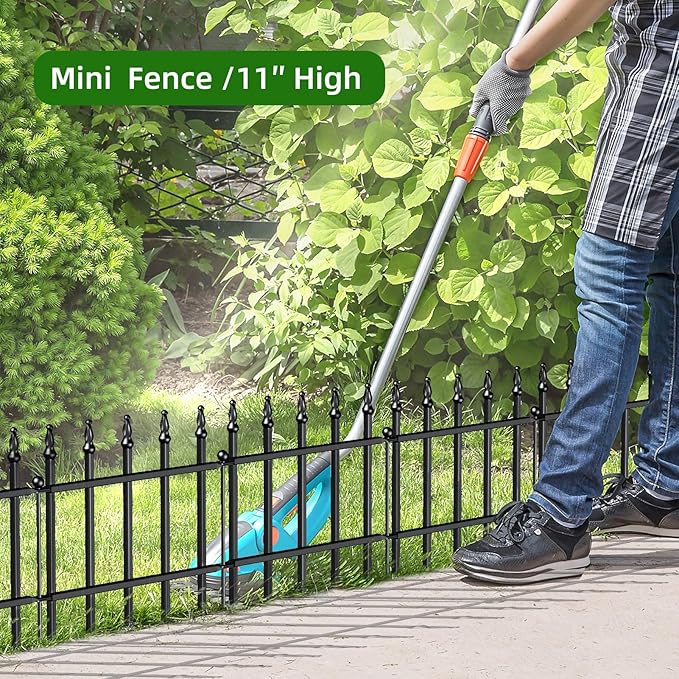 Decorative Metal Garden Fence 11in H x 12ft L, Small Border Fence Roman Column Deco, Garden Fencing for Flower Bed Lawn Landscape Outdoor, 10 Panels + 11 Stakes Black