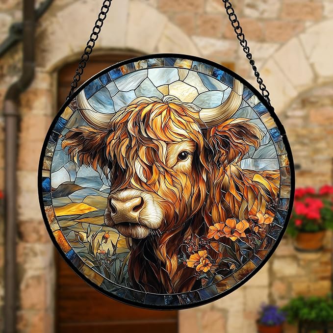 Stained Glass Window Hanging - Funny Cow Flower Suncatcher Ready to Hang Window Doors Home Decoration and Christmas, Mother's Day Birthday Gifts for Women, Men, and Mom 6.3x6.3 in