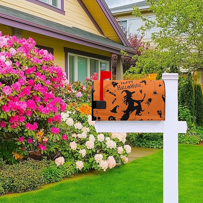 Happy Halloween Mailbox Covers Magnetic Standard Size 21x18 inch Witch Spider Mail Box Cover Skull Ghost Post Letter Box Cover for Outdoor Garden Decor Orange