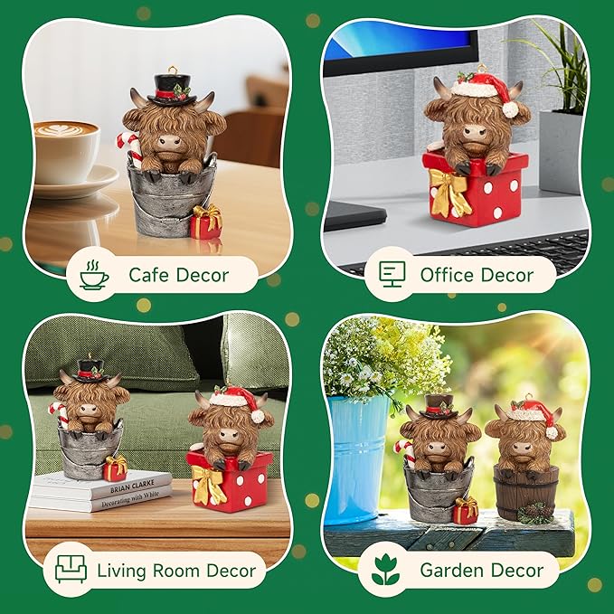 Christmas Highland Cow Figurines Decor, 3 PCS Small Christmas Cows Hidden in Barrel/Bucket/Gift Box, Hanging Ornaments Xmas Resin Statue for Garden Bathroom Kitchen Home Table Decorations